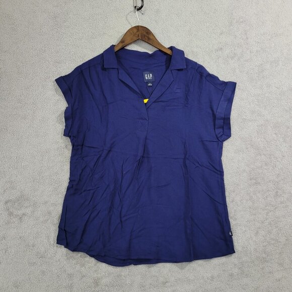 NEW Gap Womens S Navy Collared Short Sleeve Blouse Rayon & Lyocell Loose Fit - Picture 1 of 7